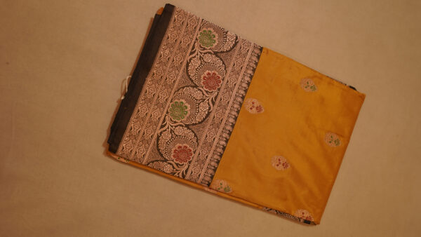 Mustard Yellow Katan Silk Saree with Black Border – Classic Design with Intricate Zari Embellishments - Image 2